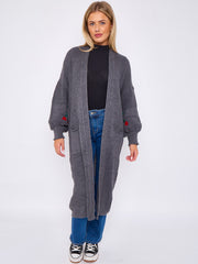 Cherry Detail Balloon Sleeves Knitted Open Cardigan