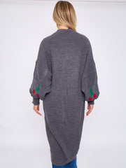 Cherry Detail Balloon Sleeves Knitted Open Cardigan
