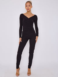 Plunge Wrap Detail Top And Leggings Slinky Co-Ord Set - Black