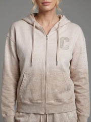 Diamanté Acid Wash Zip Hoodie & Shorts Co-Ord Set