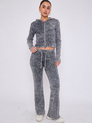 Acid Wash Zip Up Hood & Ribbed Flared Trouser Set
