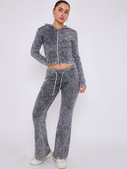 Acid Wash Zip Up Hood & Ribbed Flared Trouser Set