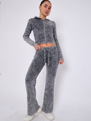Acid Wash Zip Up Hood & Ribbed Flared Trouser Set