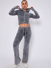 Acid Wash Zip Up Hood & Ribbed Flared Trouser Set