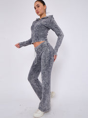 Acid Wash Zip Up Hood & Ribbed Flared Trouser Set