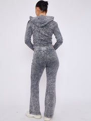Acid Wash Zip Up Hood & Ribbed Flared Trouser Set