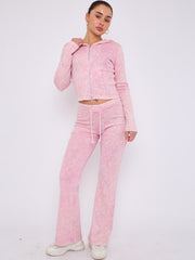 Acid Wash Zip Up Hood & Ribbed Flared Trouser Set