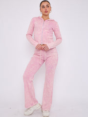 Acid Wash Zip Up Hood & Ribbed Flared Trouser Set