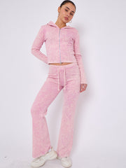 Acid Wash Zip Up Hood & Ribbed Flared Trouser Set