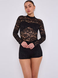Lace Detail High Neck Long Sleeve Playsuit - Black