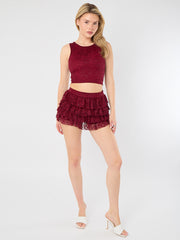 Lace Detail Slinky Crop Top & Rüschen Mini Skort Co-ord