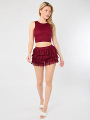 Lace Detail Slinky Crop Top & Rüschen Mini Skort Co-ord