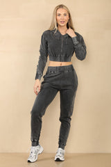 Acid Wash Zip Up Cropped Hoodie & Jogger Fleece Tracksuit