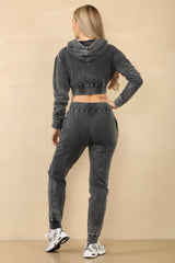 Acid Wash Zip Up Cropped Hoodie & Jogger Fleece Tracksuit