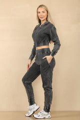 Acid Wash Zip Up Cropped Hoodie & Jogger Fleece Tracksuit