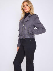 Faux Suede Cropped Biker Jacket With Belt
