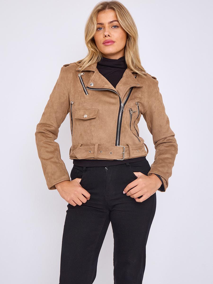 Wholesale Faux Suede Cropped Biker Jacket With Belt – Stylewise Direct