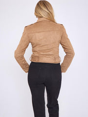 Faux Suede Cropped Biker Jacket With Belt