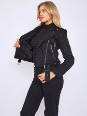 Faux Suede Cropped Biker Jacket With Belt