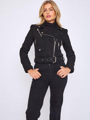 Faux Suede Cropped Biker Jacket With Belt