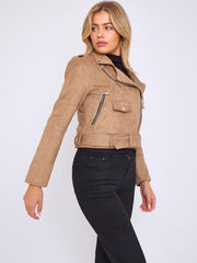Faux Suede Cropped Biker Jacket With Belt