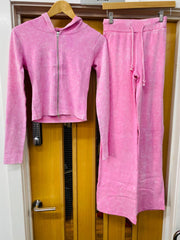 Acid Wash Zip Up Hood & Ribbed Flared Trouser Set