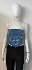 Crucifix Embroidered Bandeau Denim Crop Top