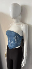Crucifix Embroidered Bandeau Denim Crop Top