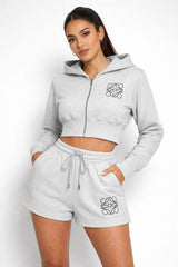Zip Up Hooded Crop Top & Shorts Co-ord
