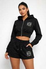 Zip Up Hooded Crop Top & Shorts Co-ord
