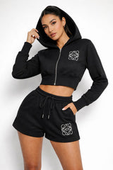 Zip Up Hooded Crop Top & Shorts Co-ord