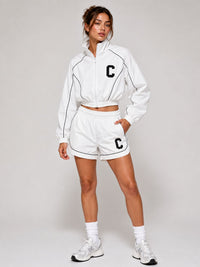 Long Sleeve Piping Shell Jacket & Shorts Co-Ord - White