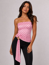 Polka Dot Strapless Top with Side Buckle Detail - Pink