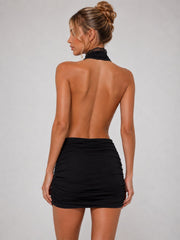 Lace Plunge Open-Back Ruched Mini Dress