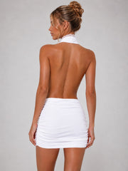 Lace Plunge Open-Back Ruched Mini Dress