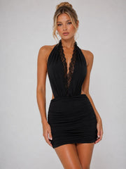 Lace Plunge Open-Back Ruched Mini Dress