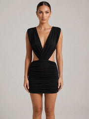 Crossover Draped Ruched Open-Back Mini Dress