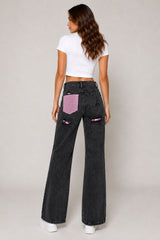 Pink Back Pocket Contrast Distressed Wide-Leg Jeans