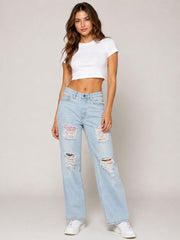 Pink Back Pocket Contrast Distressed Wide-Leg Jeans