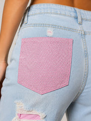Pink Back Pocket Contrast Distressed Wide-Leg Jeans