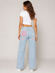 Pink Back Pocket Contrast Distressed Wide-Leg Jeans