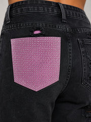 Pink Back Pocket Contrast Distressed Wide-Leg Jeans