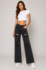Pink Back Pocket Contrast Distressed Wide-Leg Jeans