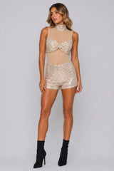 Sequin Mesh High Neck Bodysuit & Shorts Set