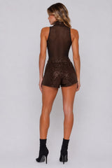 Sequin Mesh High Neck Bodysuit & Shorts Set