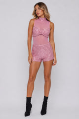 Sequin Mesh High Neck Bodysuit & Shorts Set