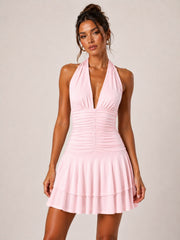 Halter Neck Ruched Frill Mini Dress