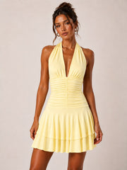 Halter Neck Ruched Frill Mini Dress