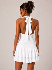 Halter Neck Ruched Frill Mini Dress