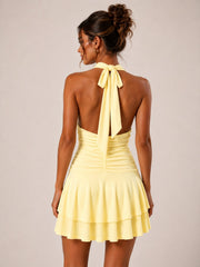 Halter Neck Ruched Frill Mini Dress